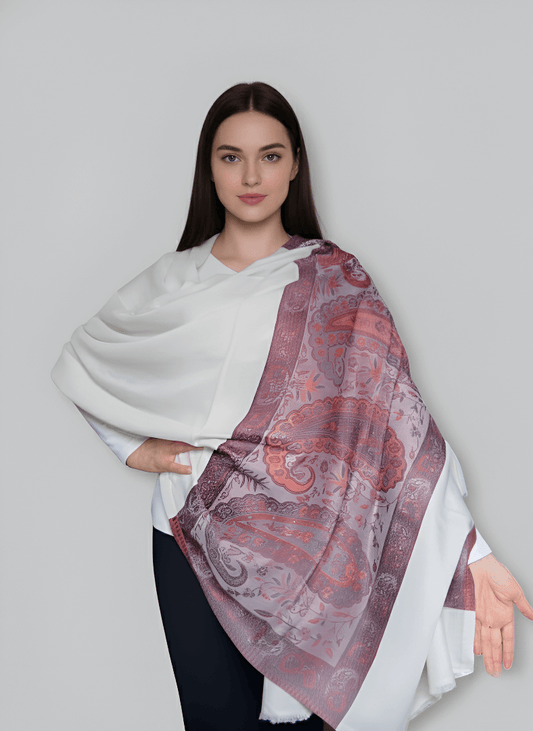 Ivory Paisley Printed Pashmina Shawl