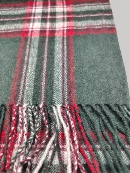 Cashmere Knot pine green and red checkered preloved pure cashmere scarf from Ireland, soft luxury wrap