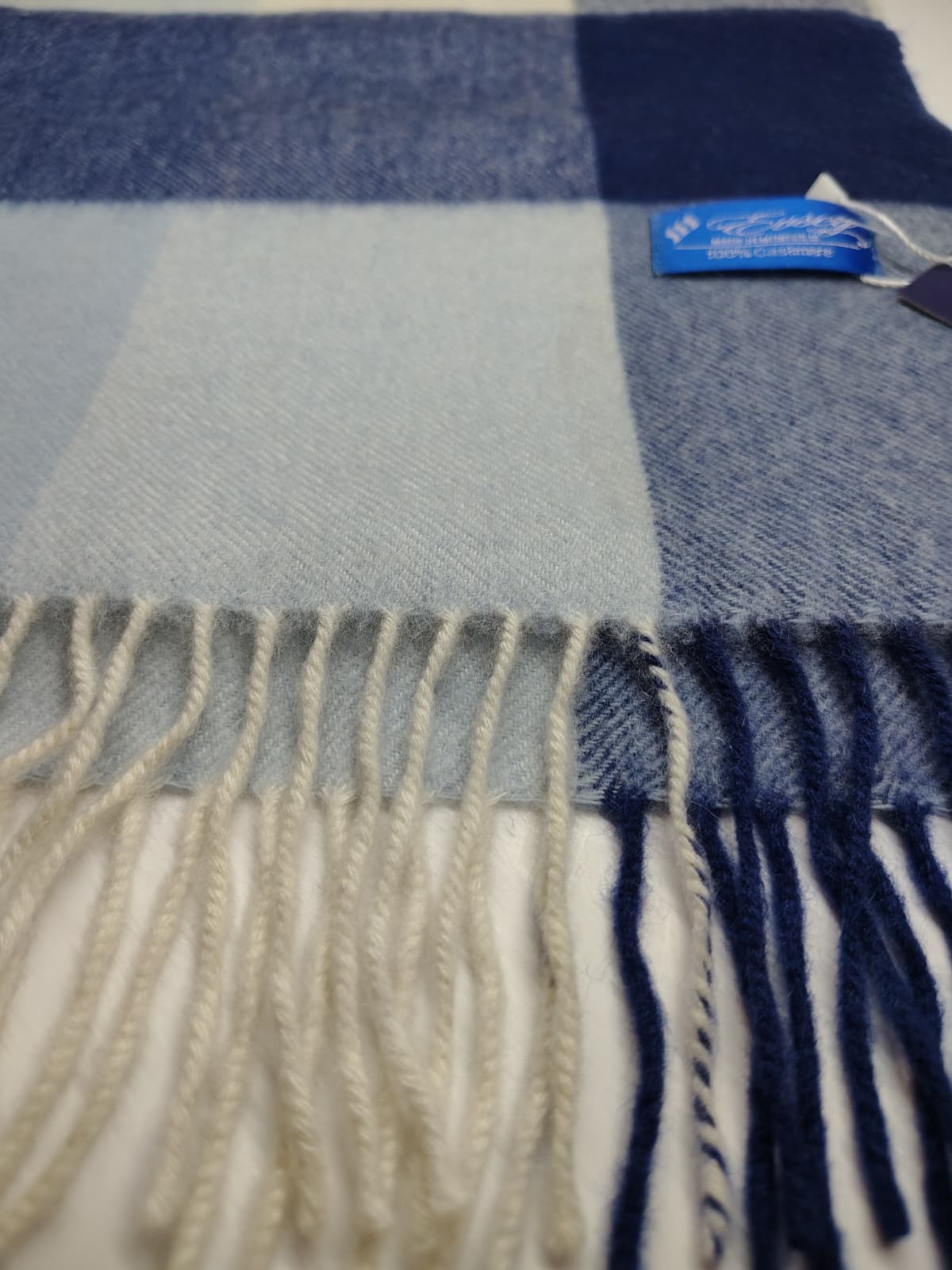 Evseg Cashmere Mongolia preloved pure cashmere muffler and scarf from Ireland, off white check