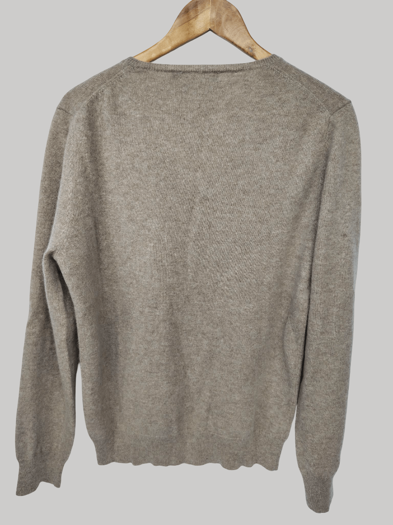 Galeries Lafayette Paris Taupe preloved pure cashmere V-neck jumper in Large UK and Ireland size curated by Cashmere Knot Ireland