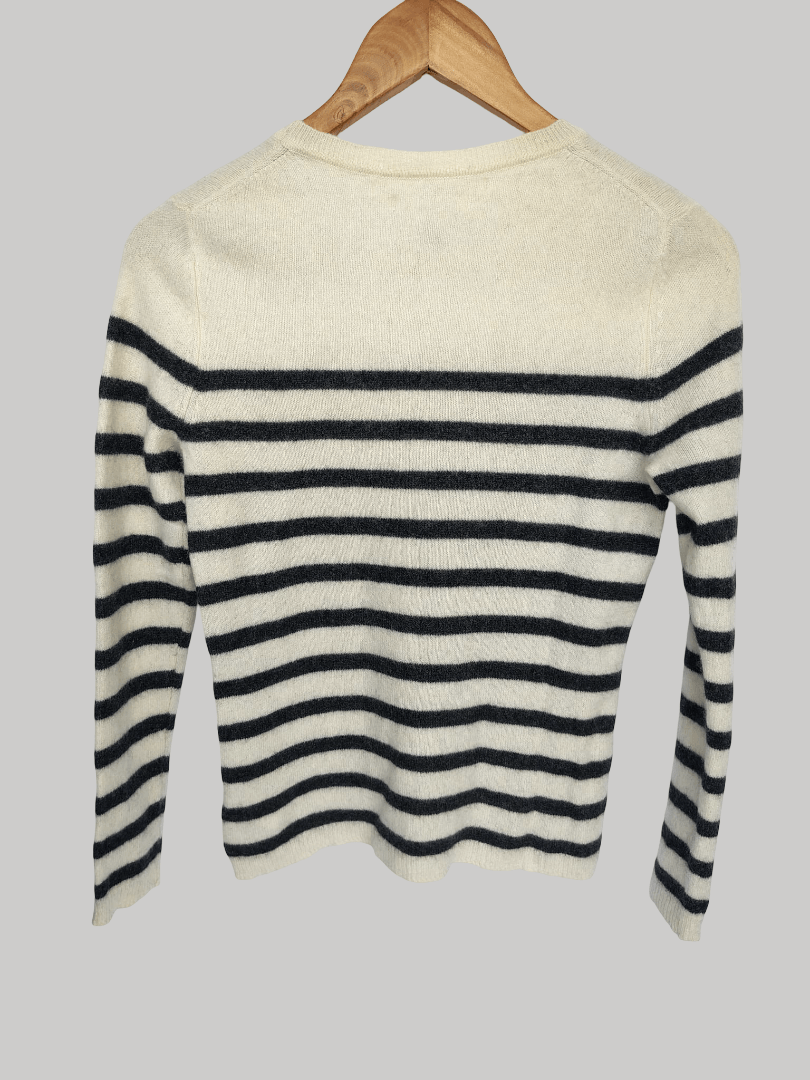 Max Studio ivory and soft black Breton stripe preloved pure cashmere jumper in Small UK and Ireland size from Cashmere Knot Ireland