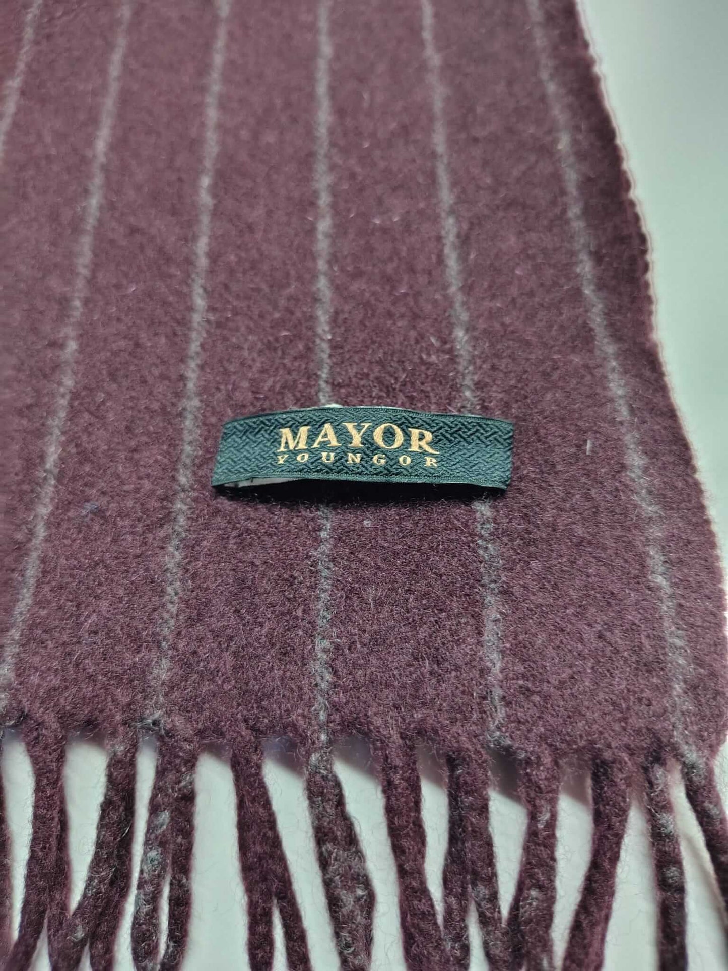 Mayor Youngor burgundy and gray striped preloved pure cashmere scarf from Ireland, soft luxury wrap