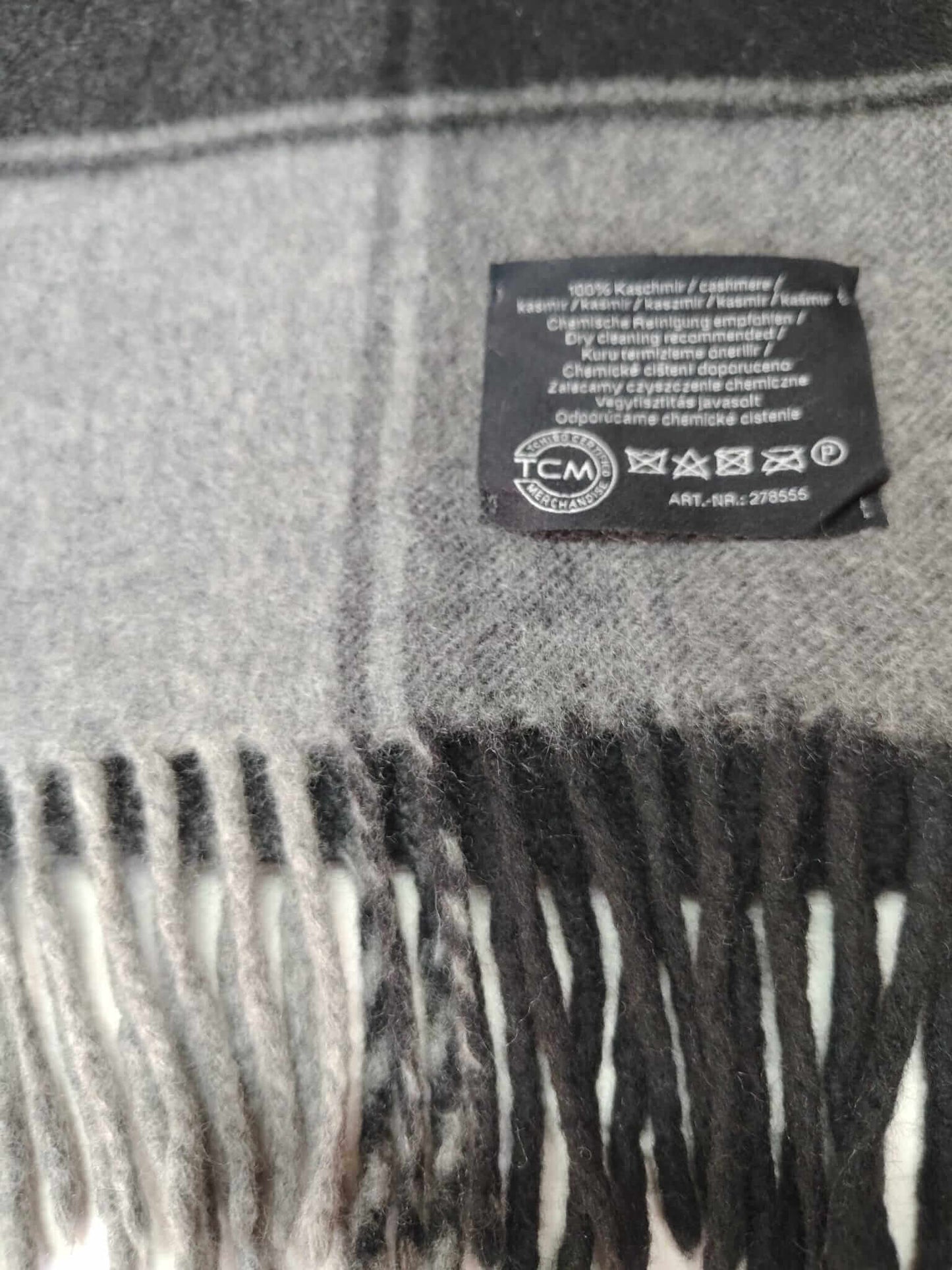 TCM Tchibo Certified Merchandise charcoal and light gray plaid preloved pure cashmere scarf from Ireland, soft luxury wrap
