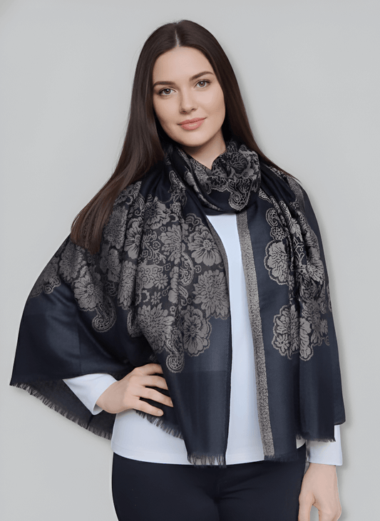 Black Pewter Floral Pashmina Stole