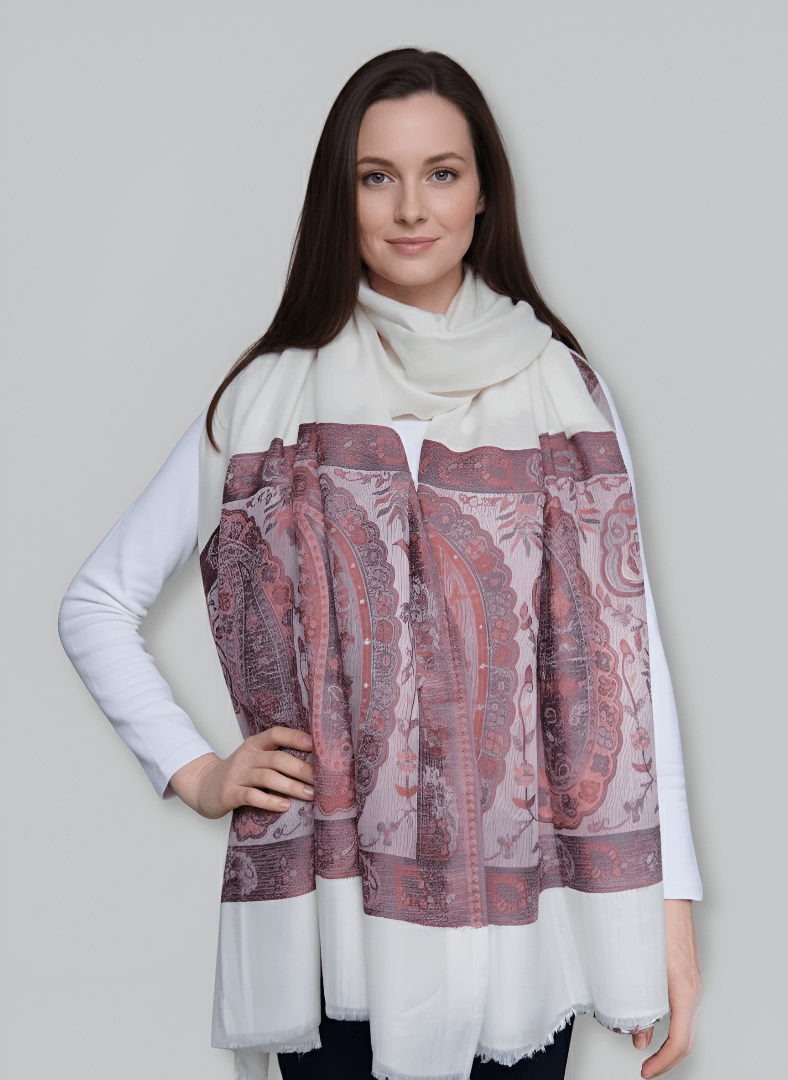 Ivory Paisley Printed Pashmina Shawl