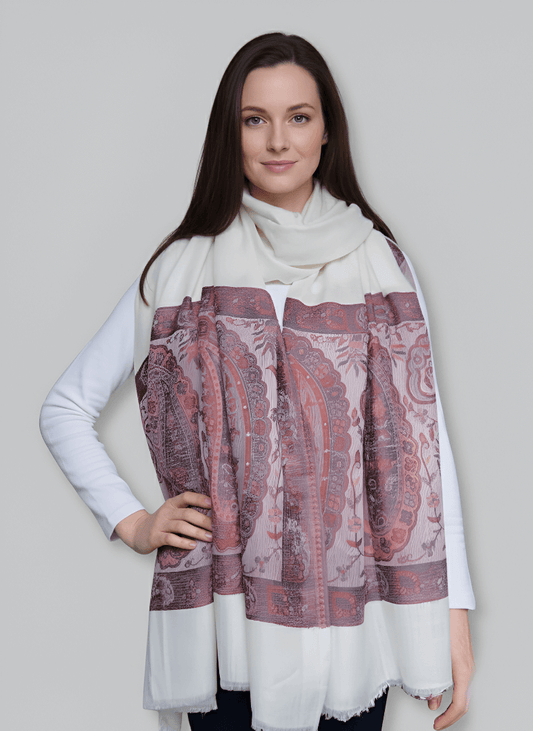 Ivory Paisley Printed Pashmina Shawl