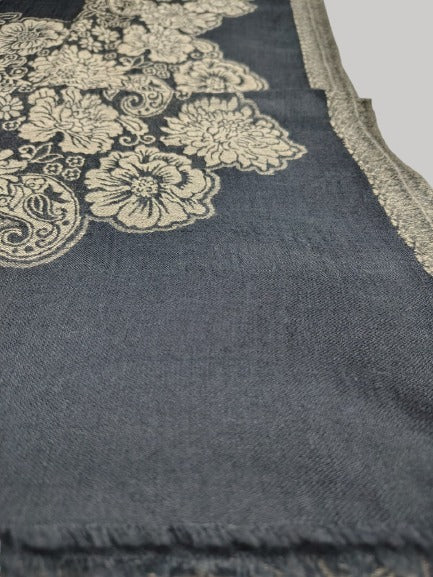 Black pewter floral Pashmina stole – luxurious handcrafted softness and timeless elegance by Cashmere Knot Ireland