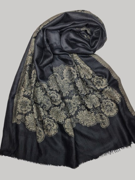 Black pewter floral Pashmina stole – luxurious handcrafted softness and timeless elegance by Cashmere Knot Ireland