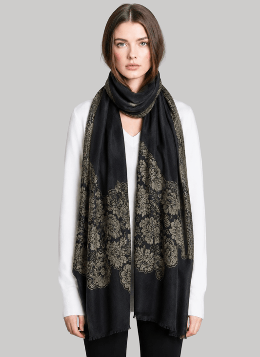 Black Pewter Floral pure Pashmina stole from Cashmere Knot Ireland, featuring an elegant floral design and timeless luxury for women in Ireland