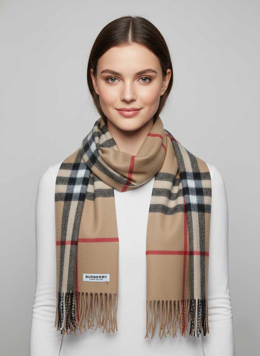 Burberry women’s Cashmere muffler in brown check – luxurious handcrafted softness and timeless elegance by Cashmere Knot Ireland