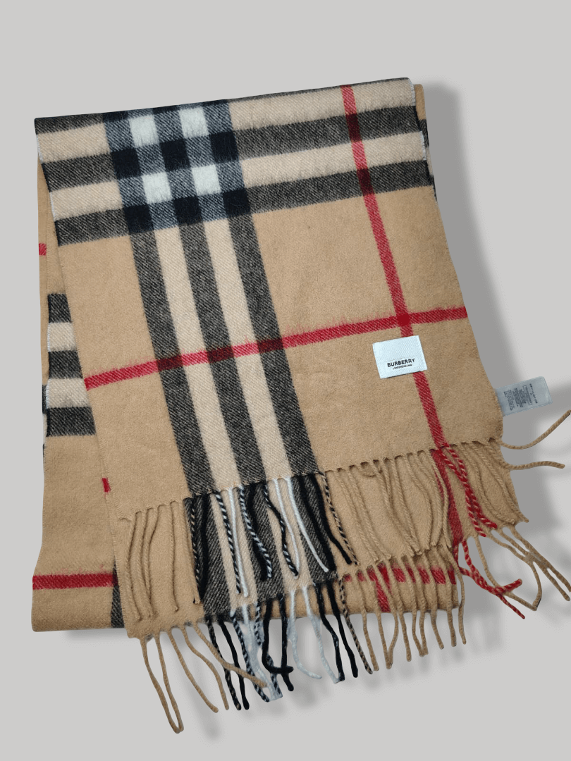 Burberry women’s Cashmere muffler in brown check – luxurious handcrafted softness and timeless elegance by Cashmere Knot Ireland