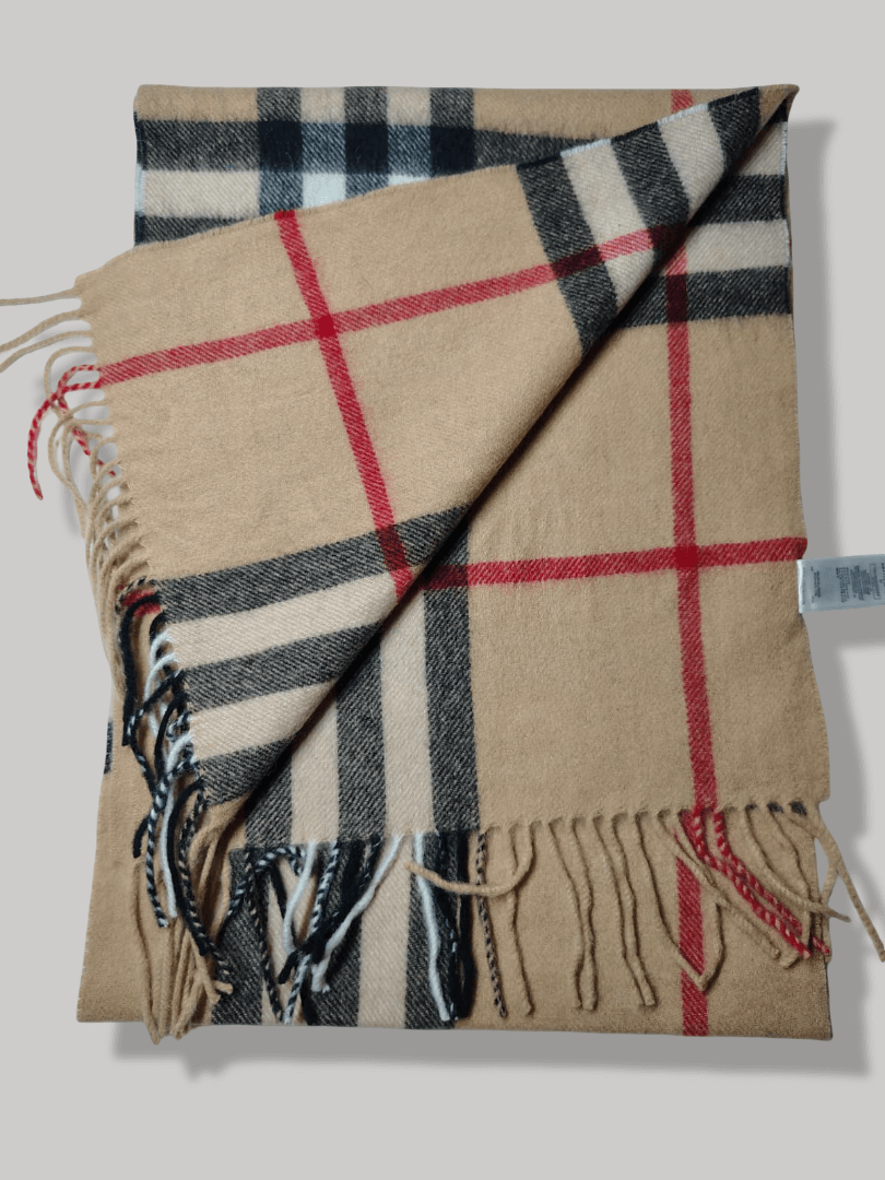 Burberry women’s Cashmere muffler in brown check – luxurious handcrafted softness and timeless elegance by Cashmere Knot Ireland