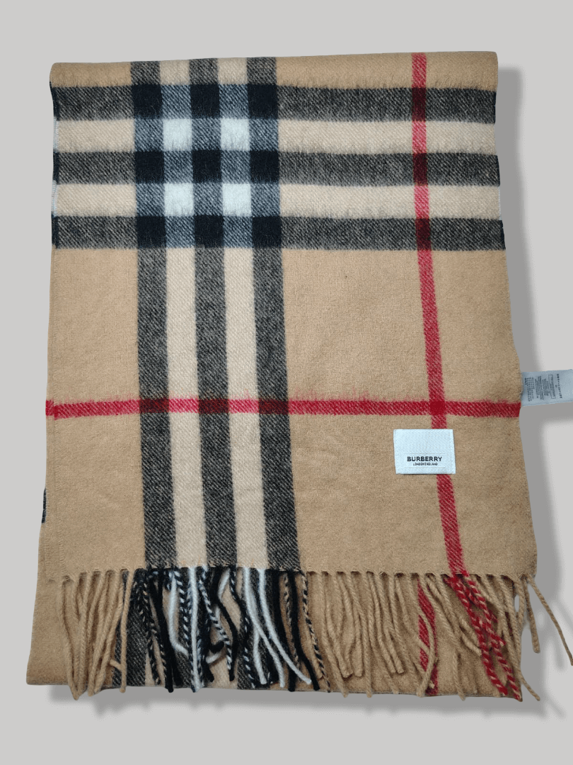 Burberry women’s Cashmere muffler in brown check – luxurious handcrafted softness and timeless elegance by Cashmere Knot Ireland