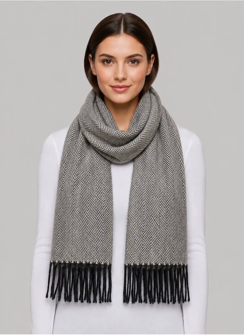 Cashmere Knot gray herringbone preloved pure cashmere scarf from Ireland, soft luxury wrap