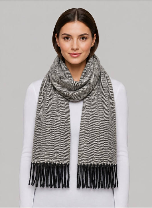 Cashmere Knot gray herringbone preloved pure cashmere scarf from Ireland, soft luxury wrap