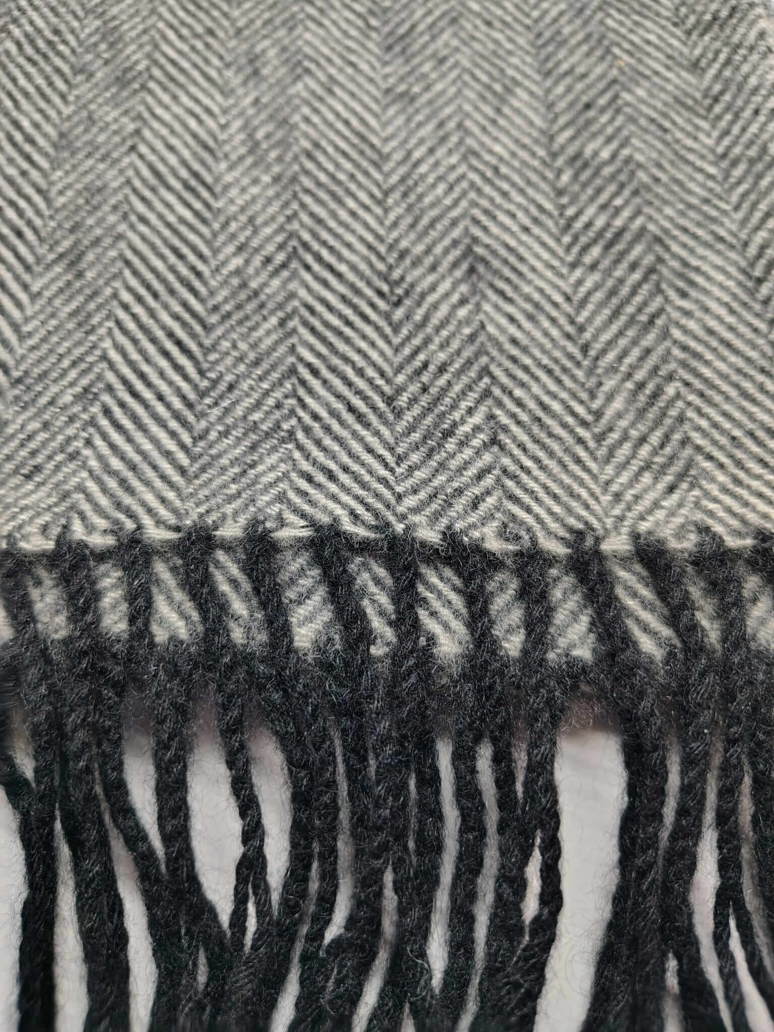 Cashmere Knot gray herringbone preloved pure cashmere scarf from Ireland, soft luxury wrap