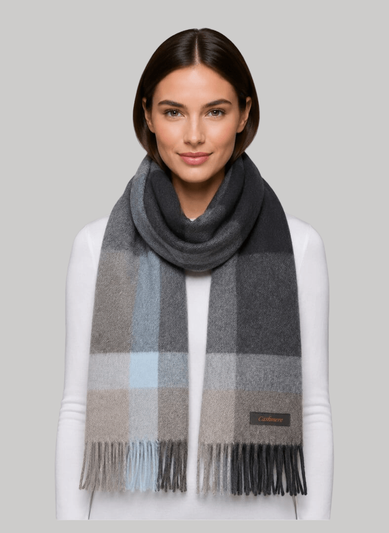 Cashmere Knot midnight blue and beige check preloved pure cashmere scarf from Ireland, soft luxury wrap