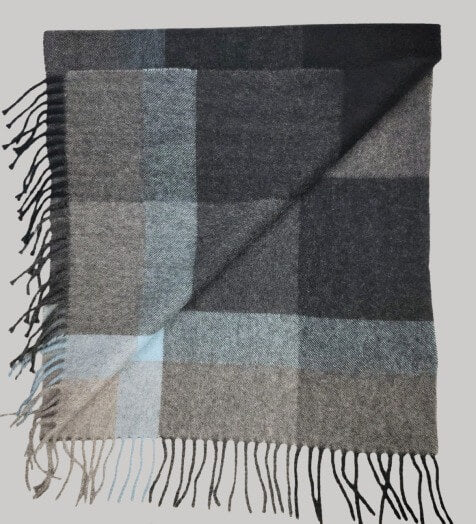 Cashmere Knot midnight blue and beige check preloved pure cashmere scarf from Ireland, soft luxury wrap