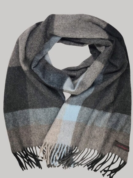 Cashmere Knot midnight blue and beige check preloved pure cashmere scarf from Ireland, soft luxury wrap