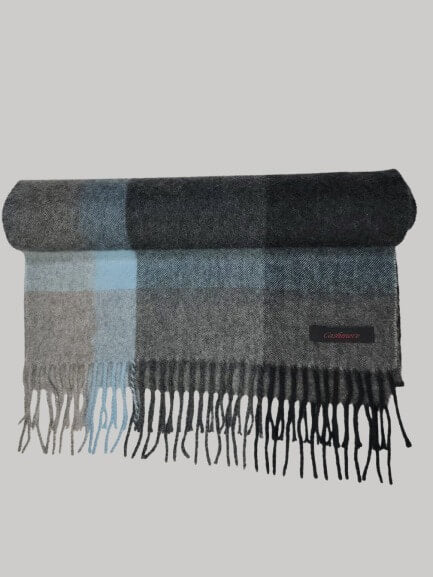 Cashmere Knot midnight blue and beige check preloved pure cashmere scarf from Ireland, soft luxury wrap