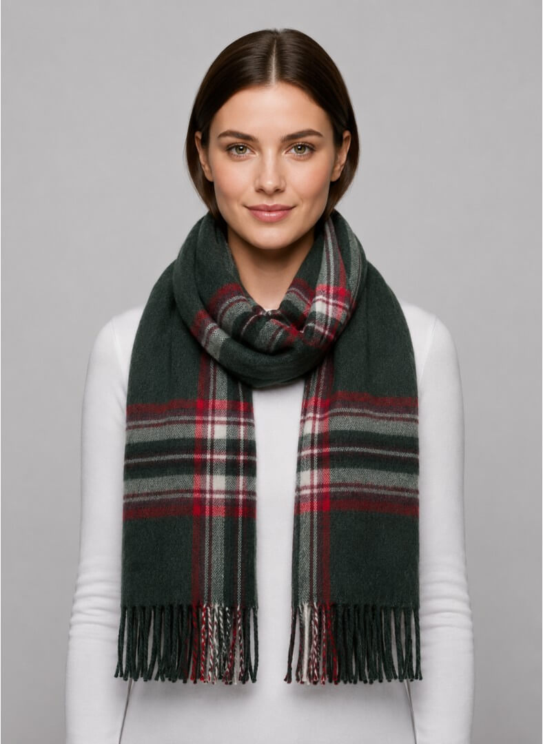 Cashmere Knot pine green and red checkered preloved pure cashmere scarf from Ireland, soft luxury wrap