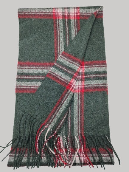 Cashmere Knot pine green and red checkered preloved pure cashmere scarf from Ireland, soft luxury wrap