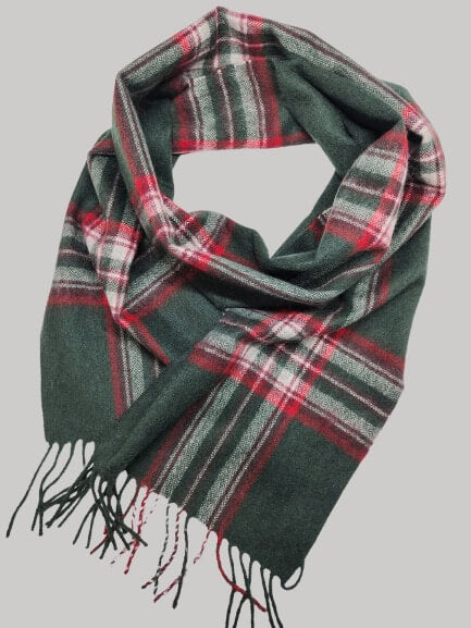 Cashmere Knot pine green and red checkered preloved pure cashmere scarf from Ireland, soft luxury wrap