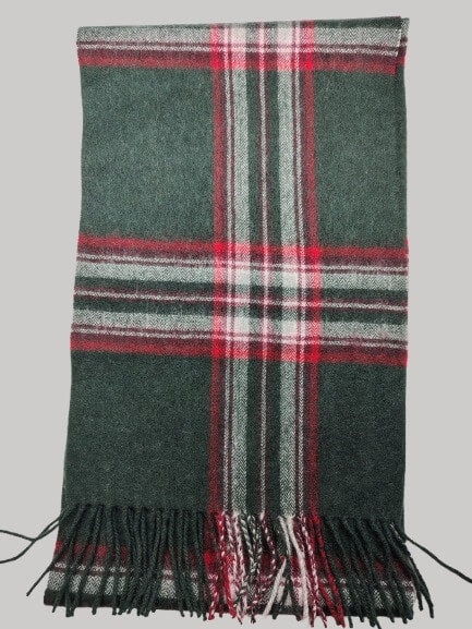 Cashmere Knot pine green and red checkered preloved pure cashmere scarf from Ireland, soft luxury wrap