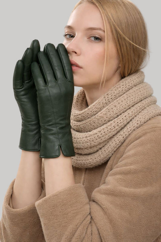 Cashmere Knot premium olive green sheep leather women gloves from Ireland, soft warm winter gloves