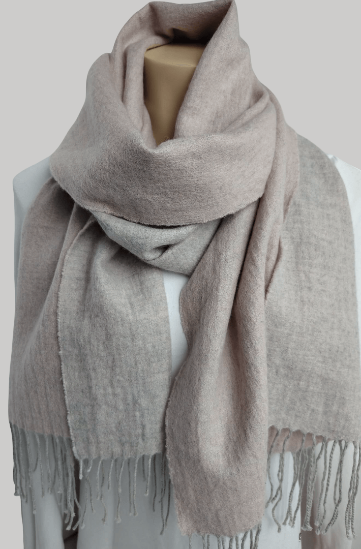Cashmere Knot double-sided lace cashmere scarf and muffler from Ireland, pink and light gray color