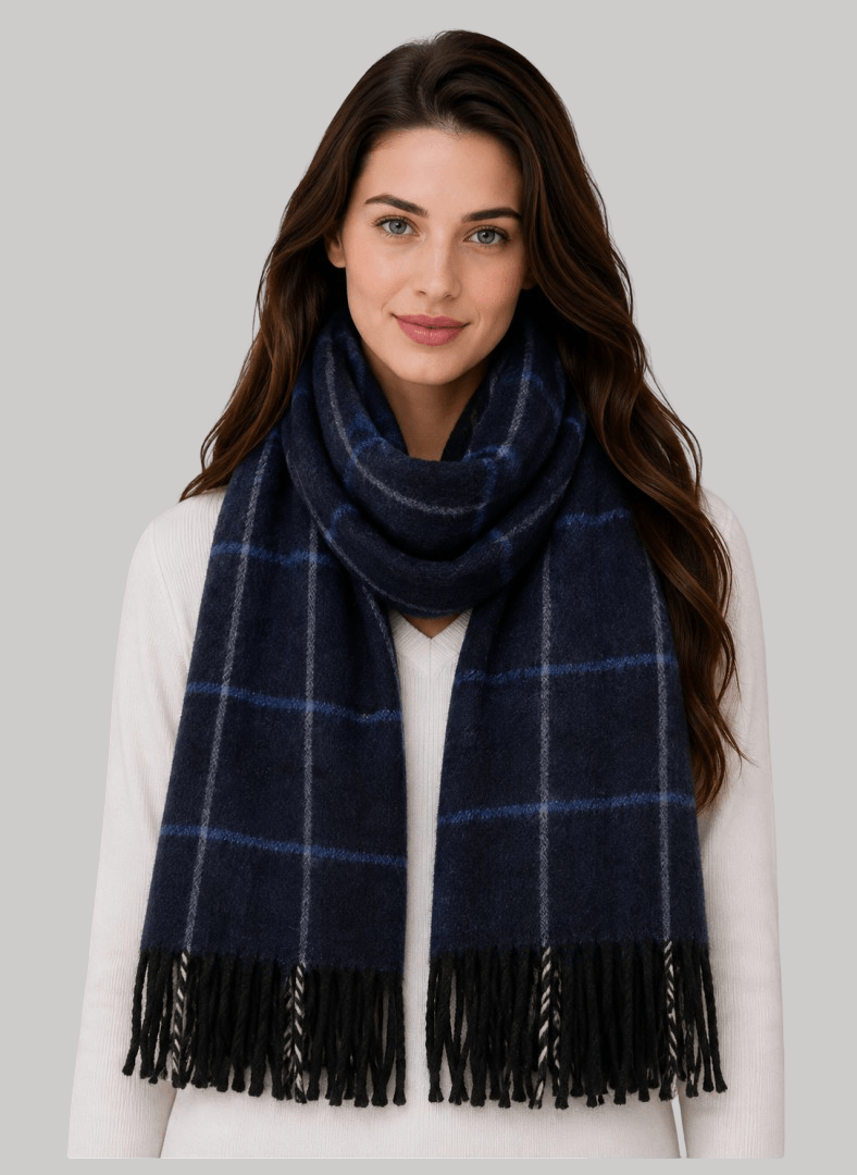 Cashmere Knot checkered blue and white pure cashmere scarf, soft luxury cashmere stole
