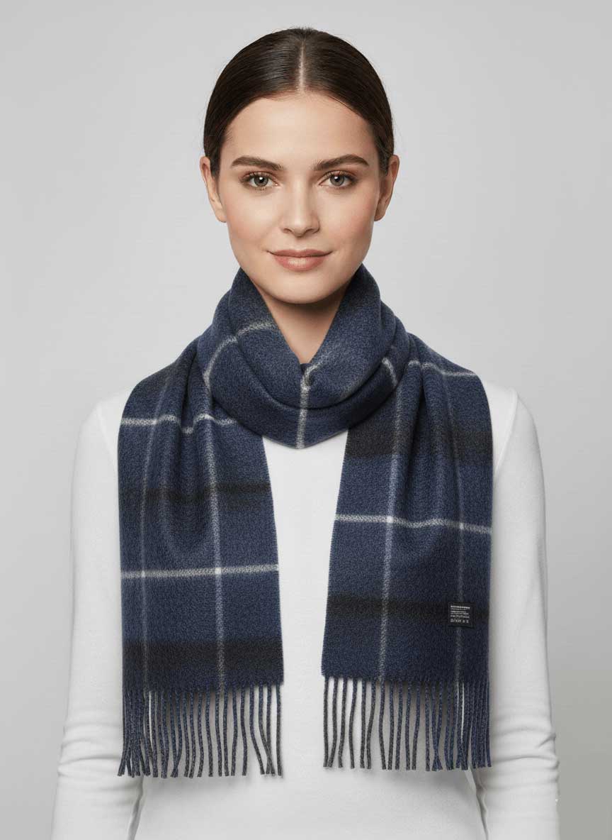 Cashmere Knot checkered blue and white pure cashmere scarf, soft luxury cashmere stole