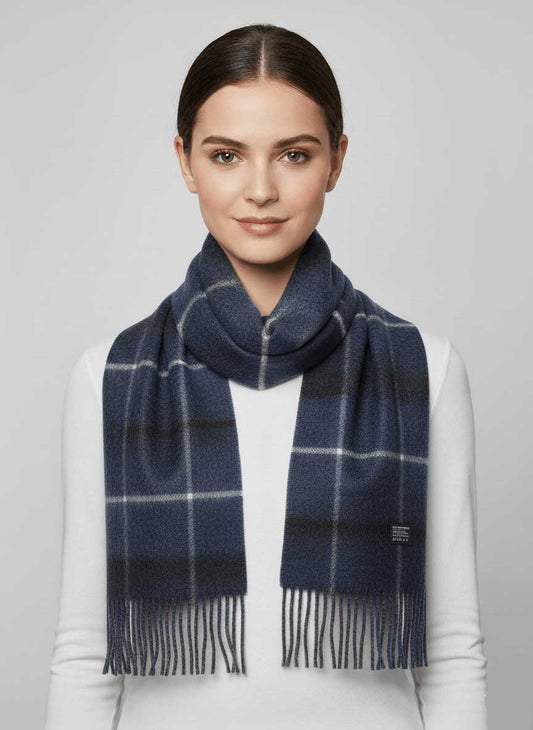 Cashmere Knot checkered blue and white pure cashmere scarf, soft luxury cashmere stole