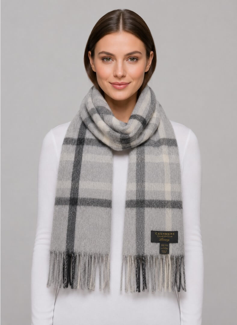 Charter Club luxury dove grey signature plaid preloved pure cashmere scarf from Ireland, soft luxury wrap