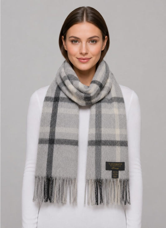 Charter Club luxury dove grey signature plaid preloved pure cashmere scarf from Ireland, soft luxury wrap