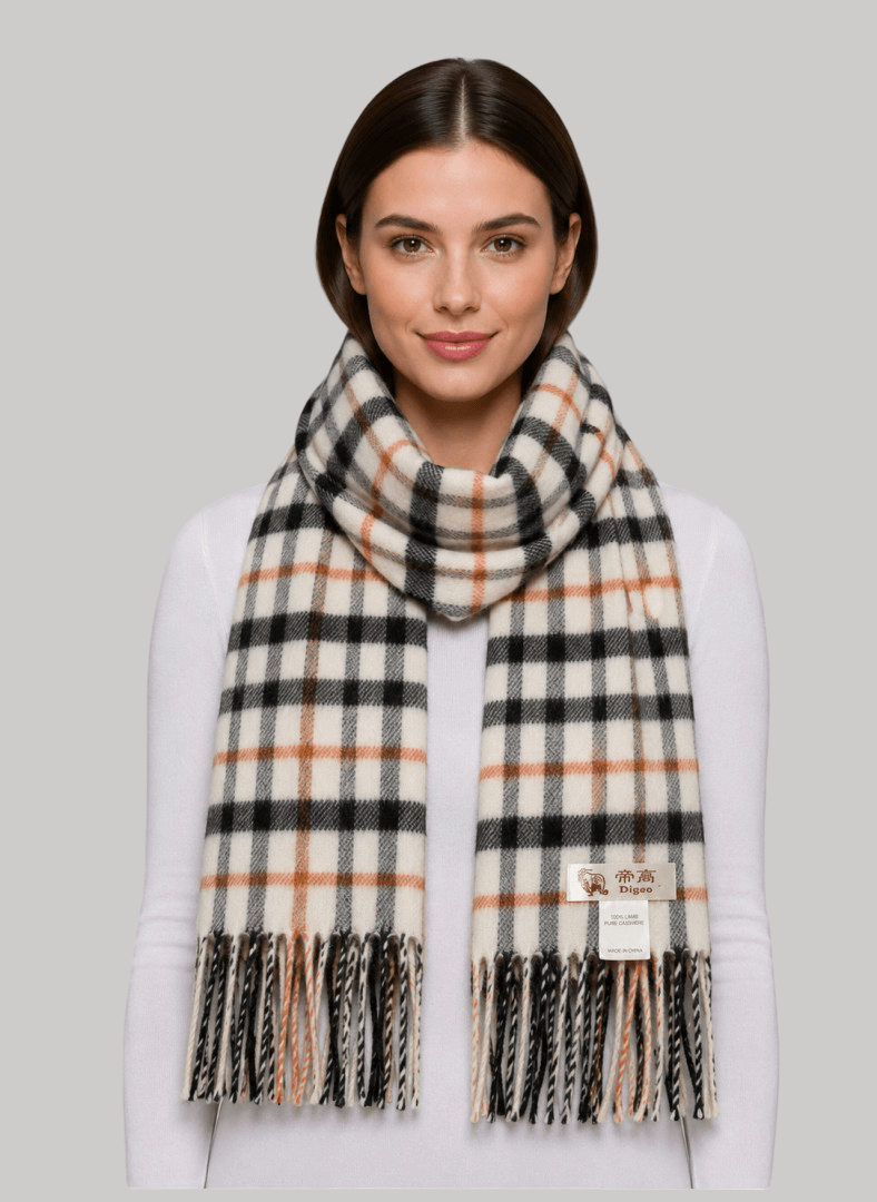 Digao camel and black club check preloved pure cashmere scarf from Ireland, soft luxury wrap