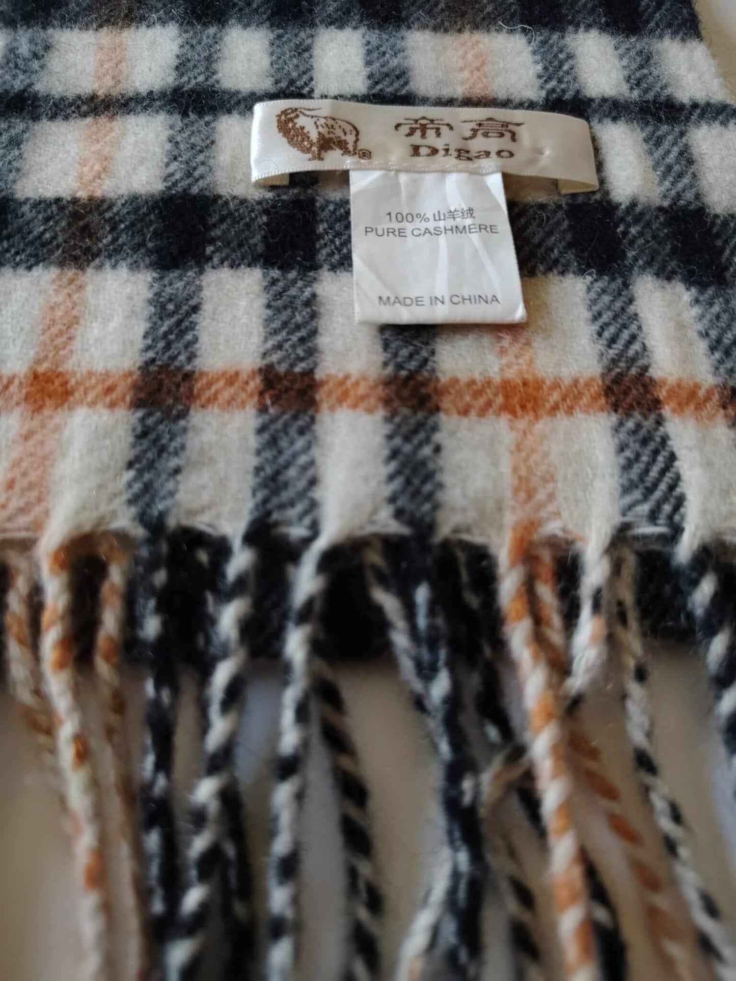 Digao camel and black club check preloved pure cashmere scarf from Ireland, soft luxury wrap