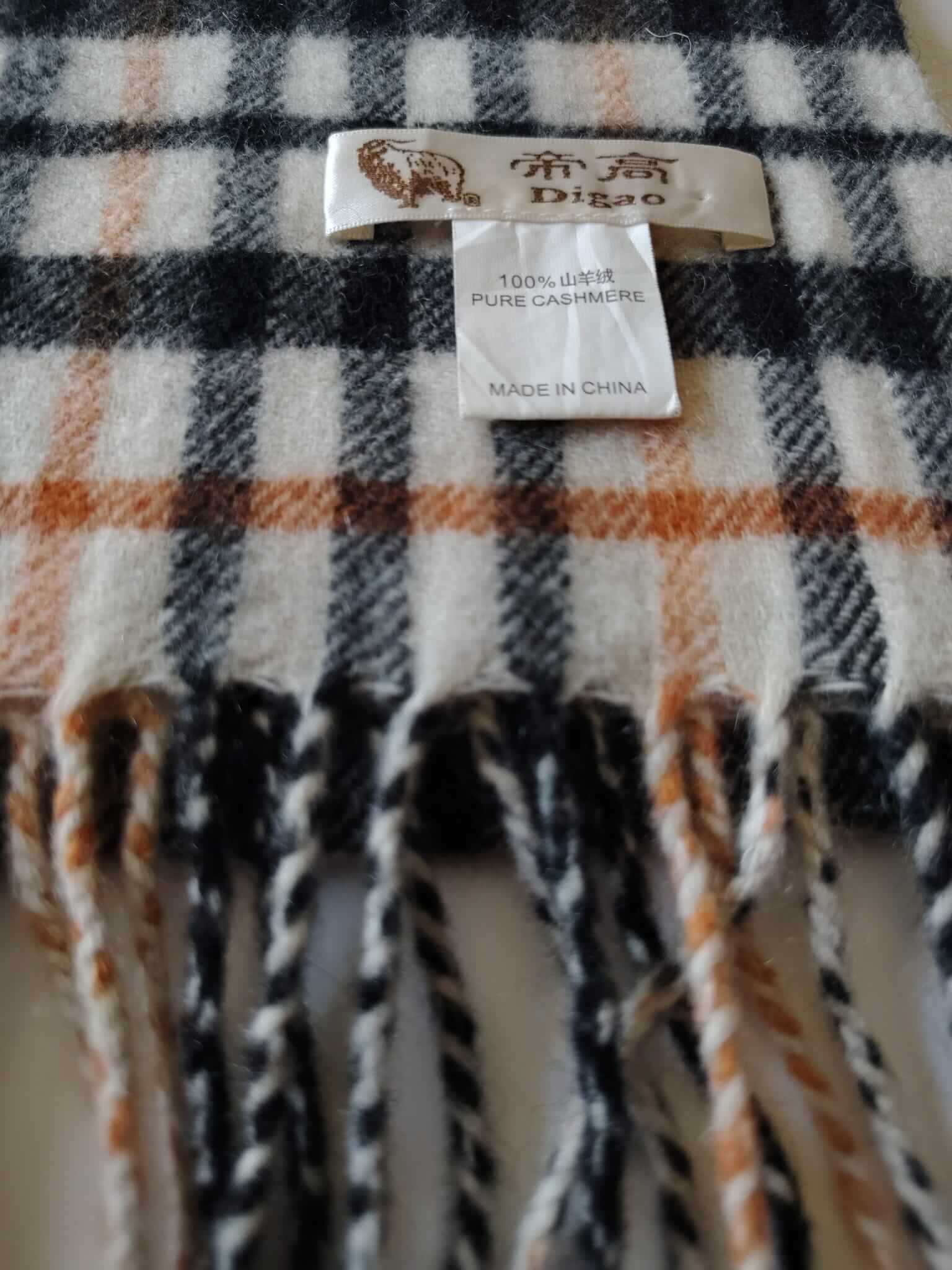 Digao camel and black club check preloved pure cashmere scarf from Ireland, soft luxury wrap