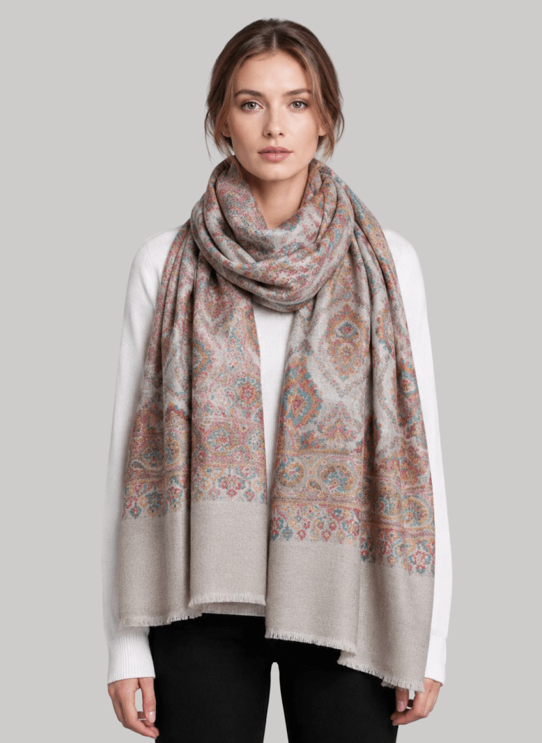 Dusty rose paisley pure Pashmina shawl from Cashmere Knot Ireland, featuring an elegant paisley design, luxurious softness and timeless style for women in Ireland