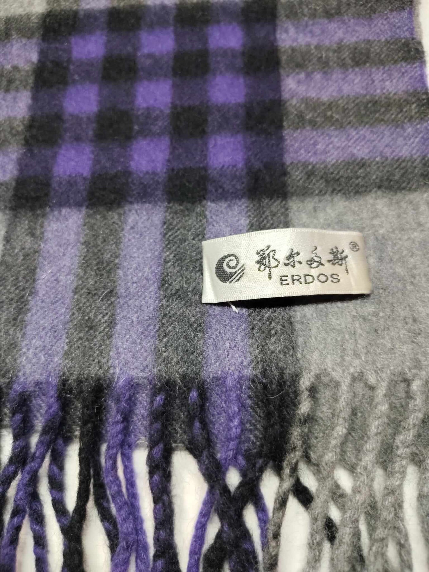 Erdos purple and grey tartan plaid preloved pure cashmere scarf from Ireland, soft luxury wrap