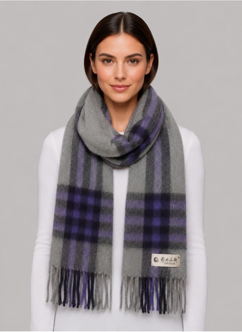 Erdos purple and grey tartan plaid preloved pure cashmere scarf from Ireland, soft luxury wrap