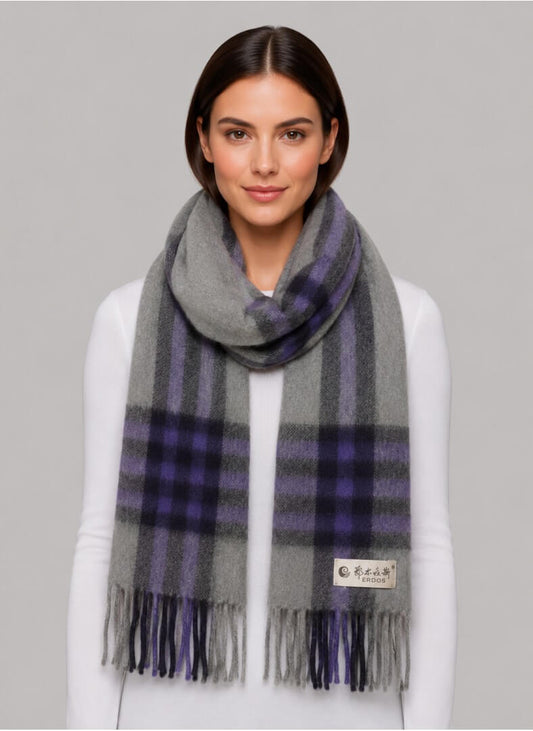 Erdos purple and grey tartan plaid preloved pure cashmere scarf from Ireland, soft luxury wrap