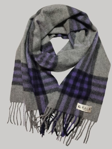 Erdos purple and grey tartan plaid preloved pure cashmere scarf from Ireland, soft luxury wrap