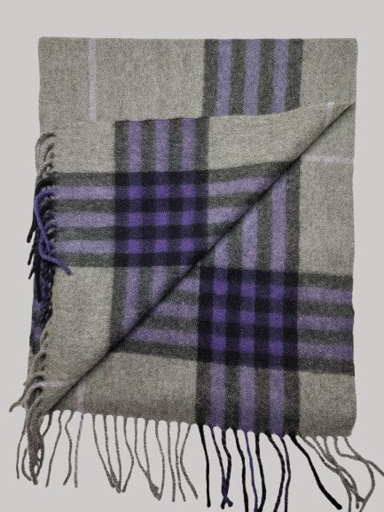 Erdos purple and grey tartan plaid preloved pure cashmere scarf from Ireland, soft luxury wrap