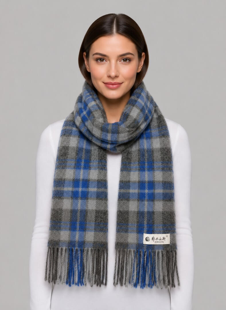 Erdos cobalt blue and charcoal grey tartan plaid preloved pure cashmere scarf from Ireland, soft luxury wrap