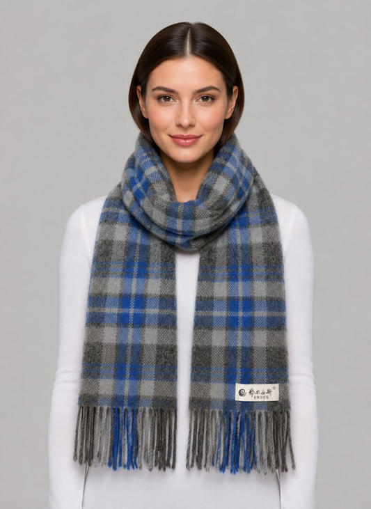 Erdos cobalt blue and charcoal grey tartan plaid preloved pure cashmere scarf from Ireland, soft luxury wrap