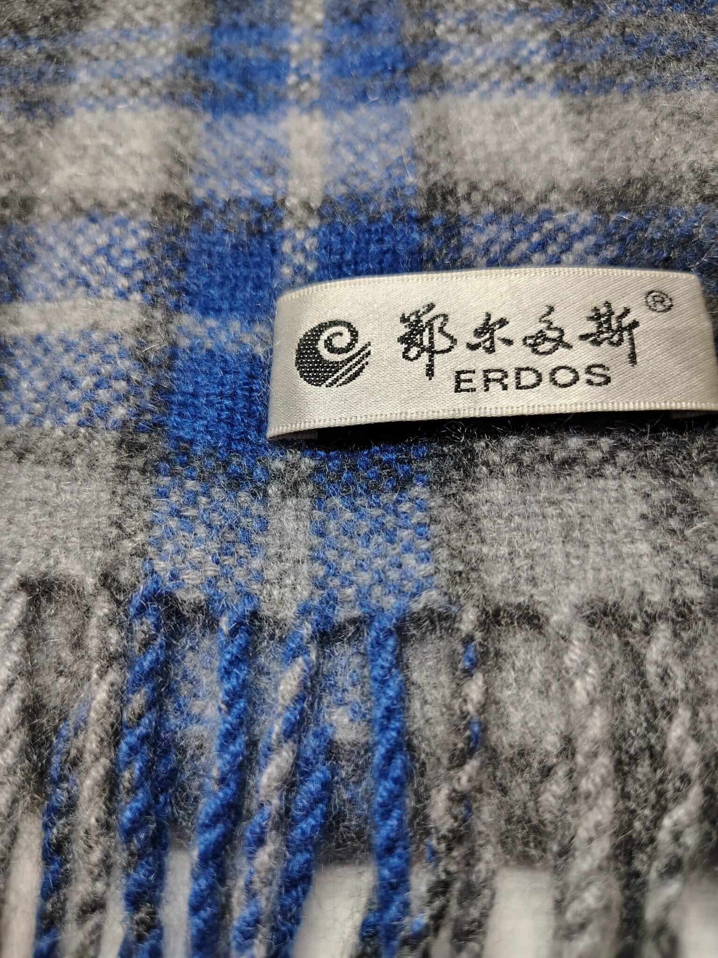 Erdos cobalt blue and charcoal grey tartan plaid preloved pure cashmere scarf from Ireland, soft luxury wrap