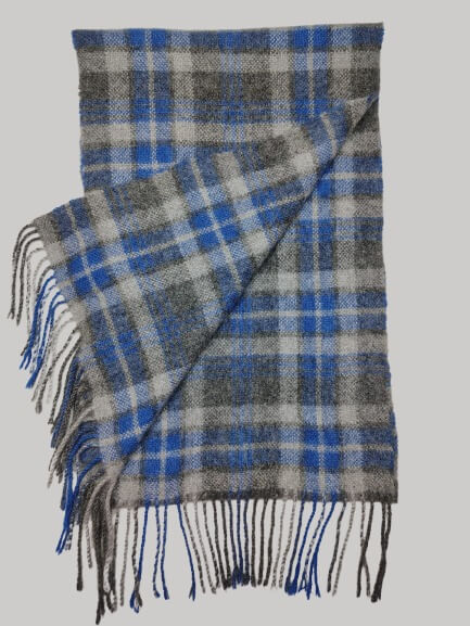 Erdos cobalt blue and charcoal grey tartan plaid preloved pure cashmere scarf from Ireland, soft luxury wrap