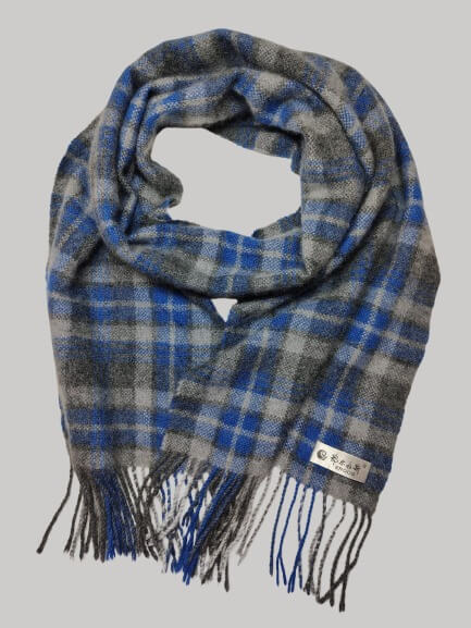 Erdos cobalt blue and charcoal grey tartan plaid preloved pure cashmere scarf from Ireland, soft luxury wrap
