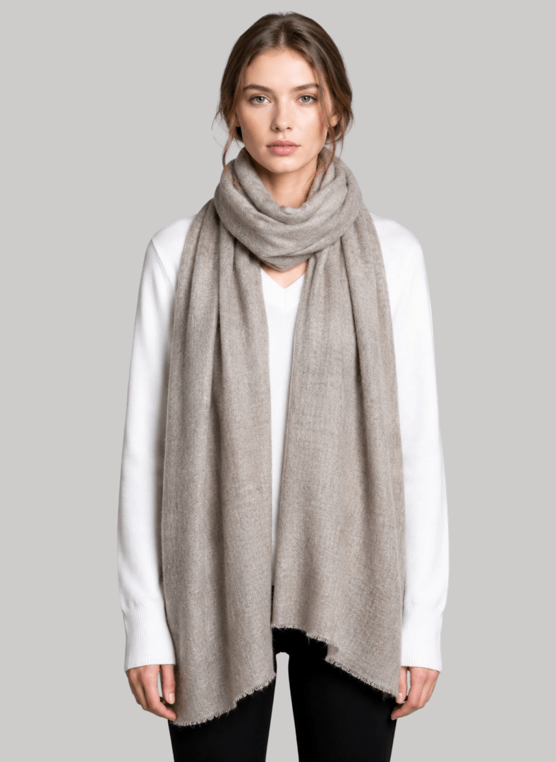 French taupe gray pure Pashmina stole from Cashmere Knot Ireland, featuring lightweight softness and timeless elegance for women in Ireland